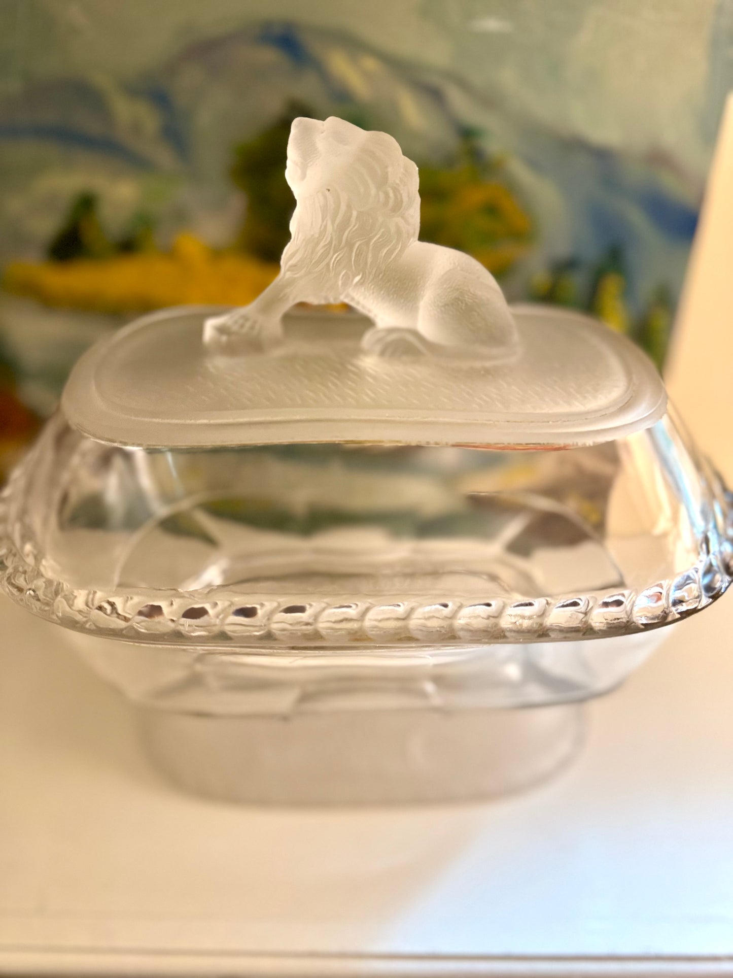 Antique Glass Covered Compote with Frosted Glass Lion Finial