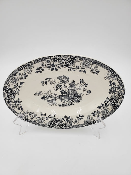 Small Black & White Oval Pagoda Transferware Dish