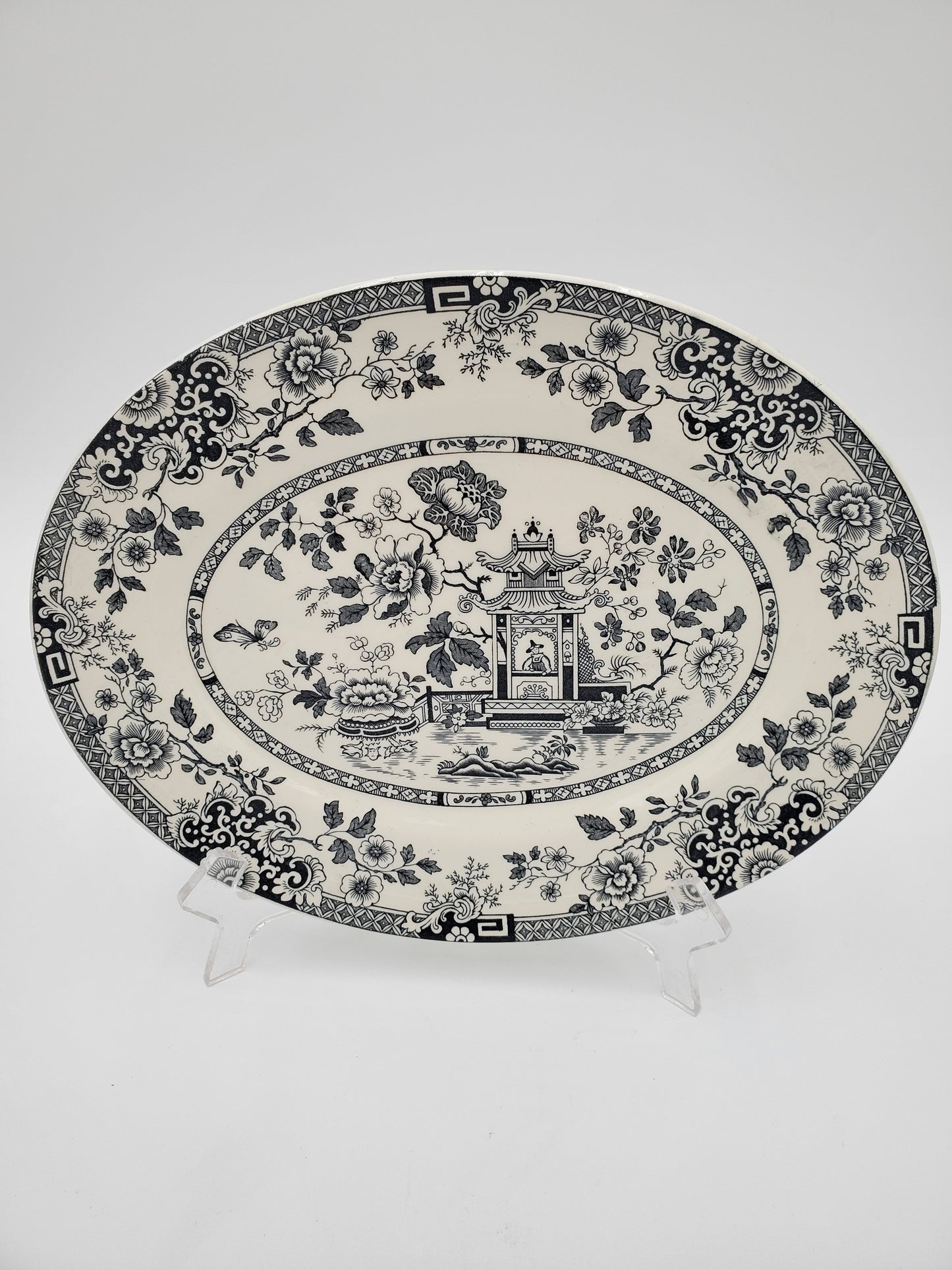 Medium Black & White Oval Pagoda Transferware Platter