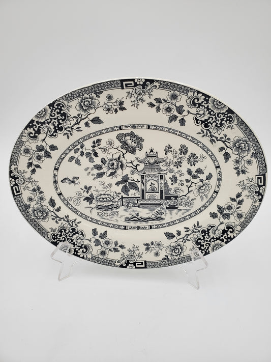 Medium Black & White Oval Pagoda Transferware Platter