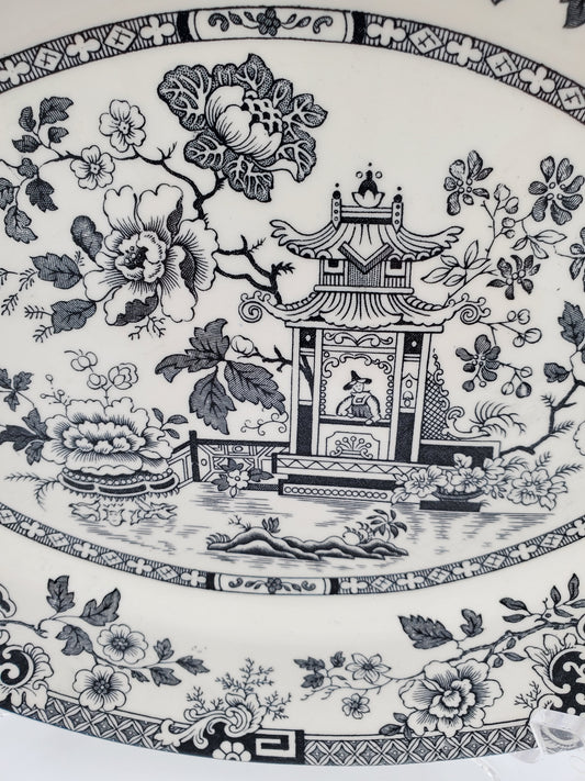 Medium Black & White Oval Pagoda Transferware Platter