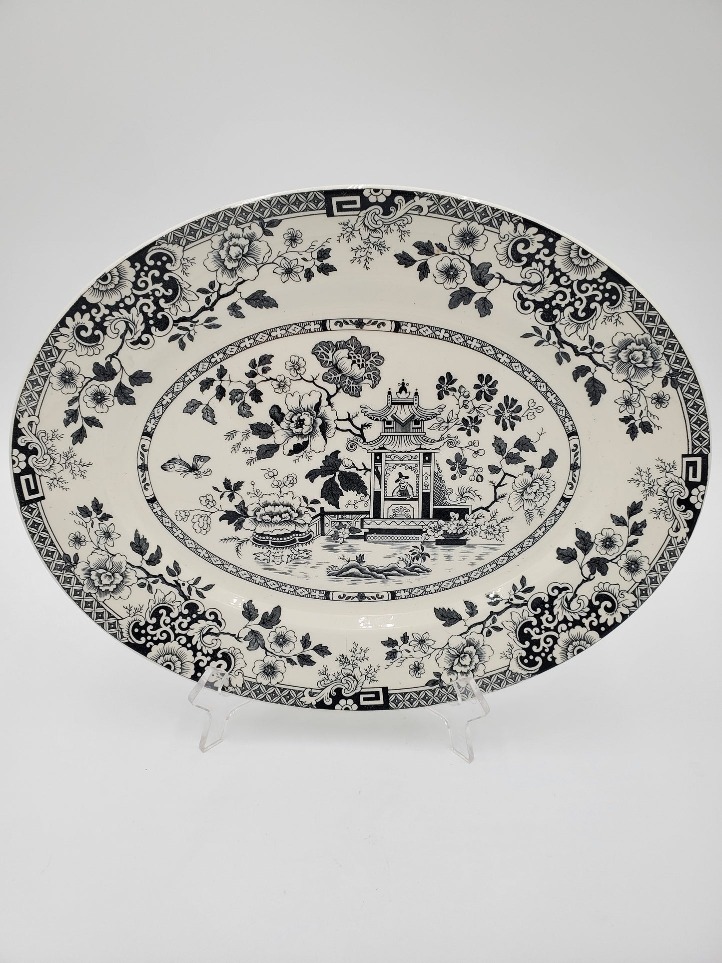 Large Black & White Oval Pagoda Transferware Platter