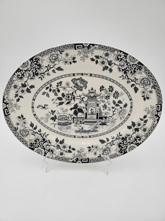 Large Black & White Oval Pagoda Transferware Platter