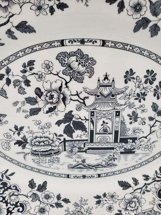 Large Black & White Oval Pagoda Transferware Platter