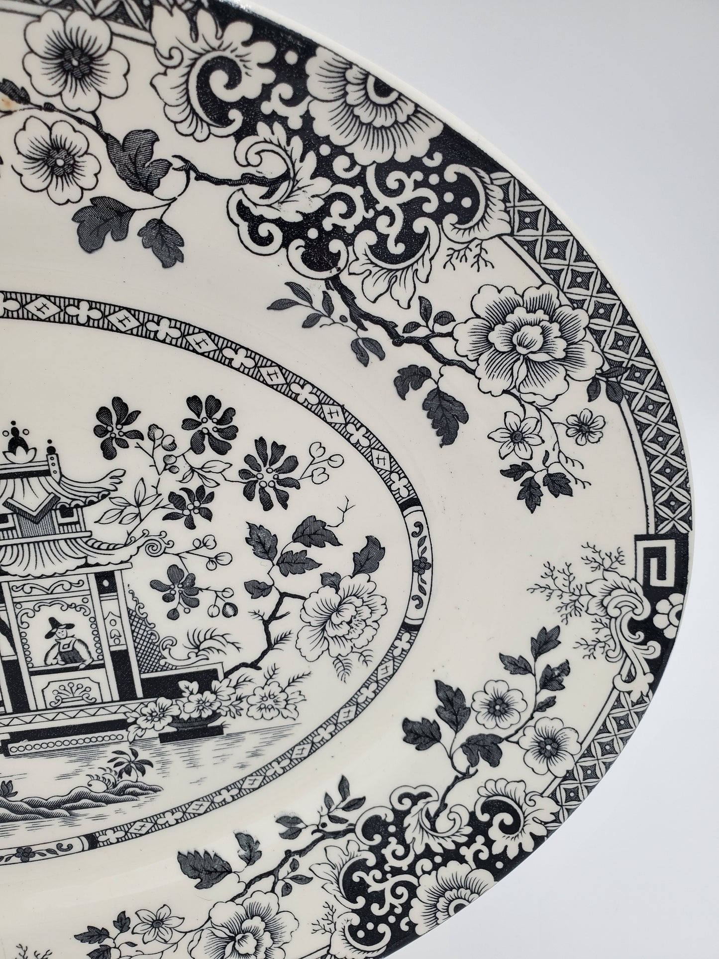 Large Black & White Oval Pagoda Transferware Platter