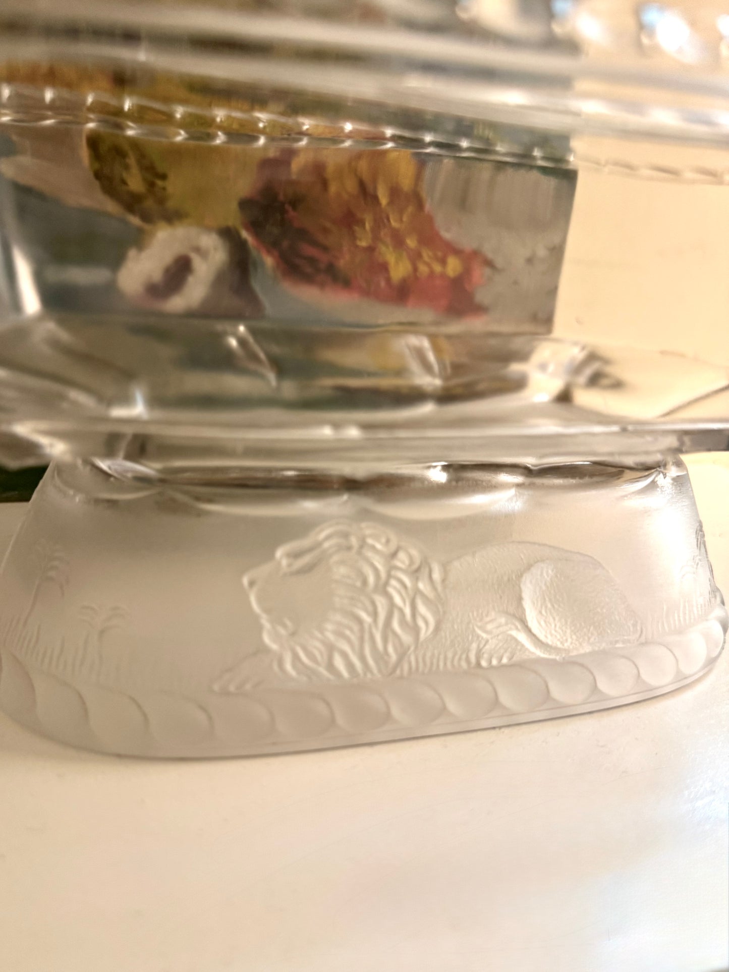 Antique Glass Covered Compote with Frosted Glass Lion Finial