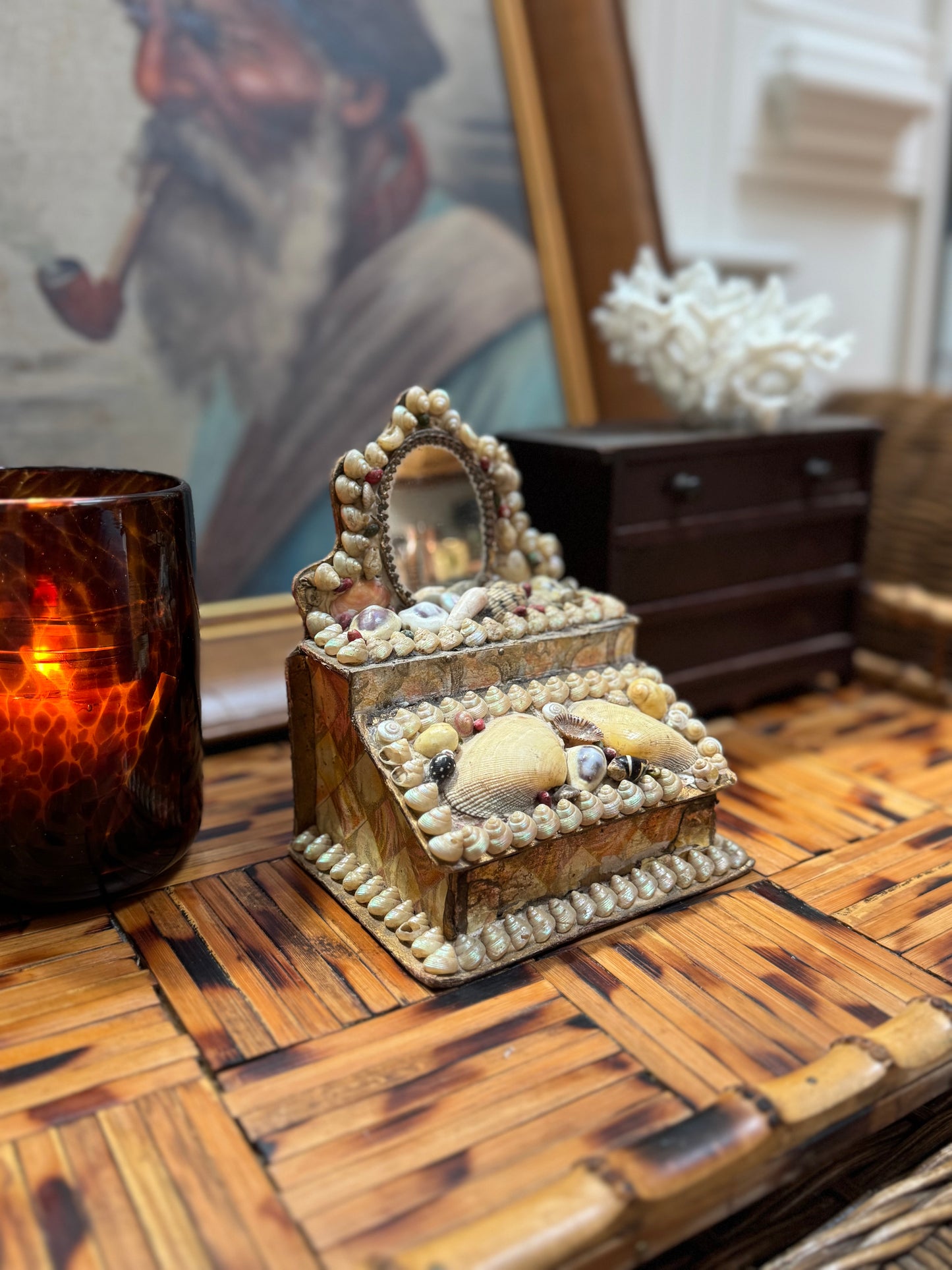 Antique Victorian Sailor's Valentine Dresser Box