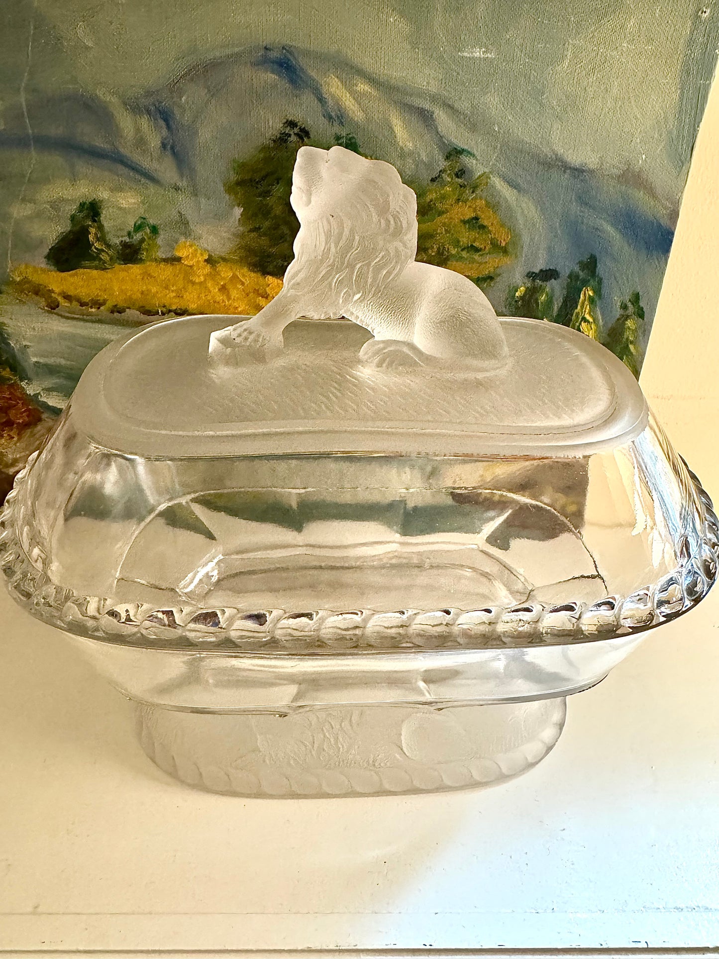 Antique Glass Covered Compote with Frosted Glass Lion Finial