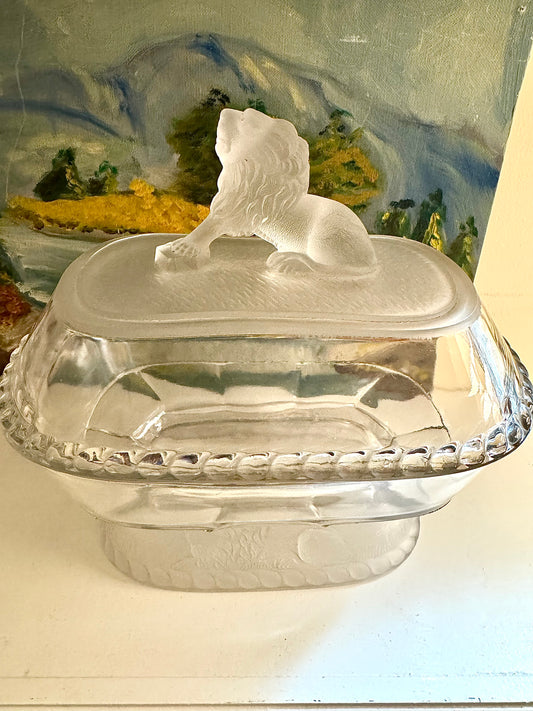 Antique Glass Covered Compote with Frosted Glass Lion Finial