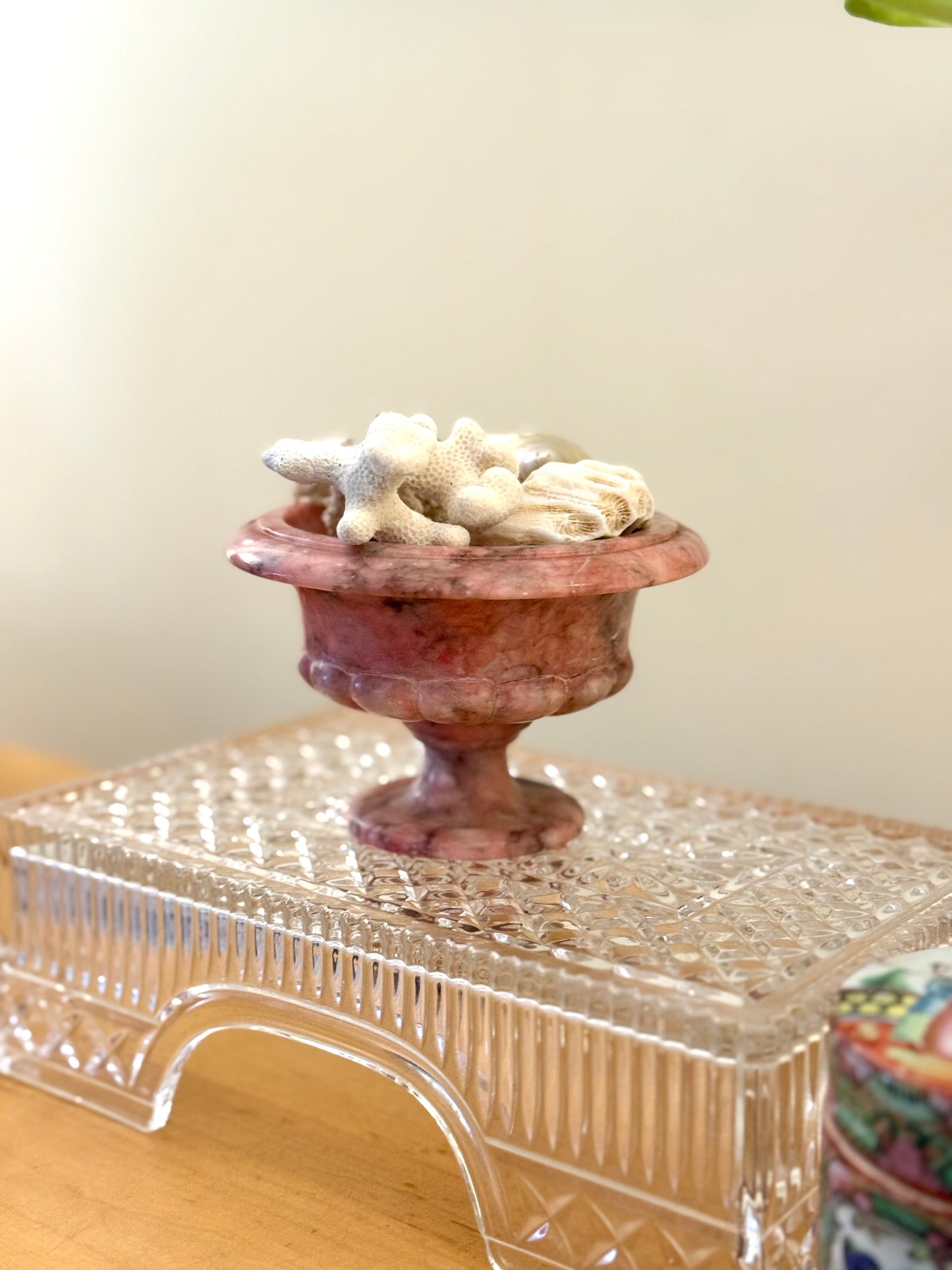Decorative urn with seashells on a clear crystal stand against a plain background